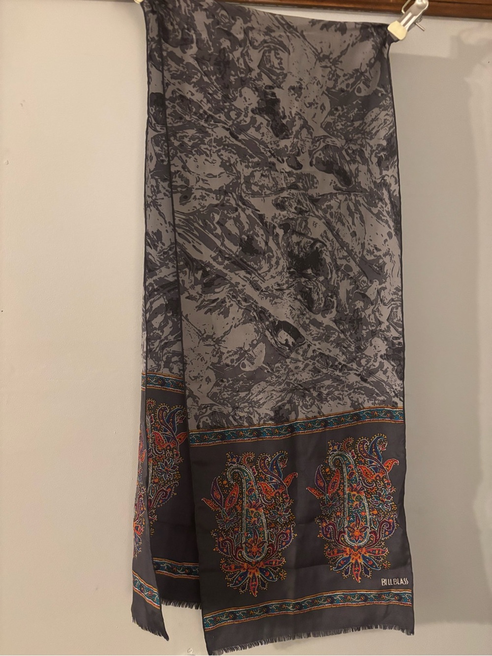 bill blass Gray Paisley-Trim Silk Scarf with Multicolor Accents